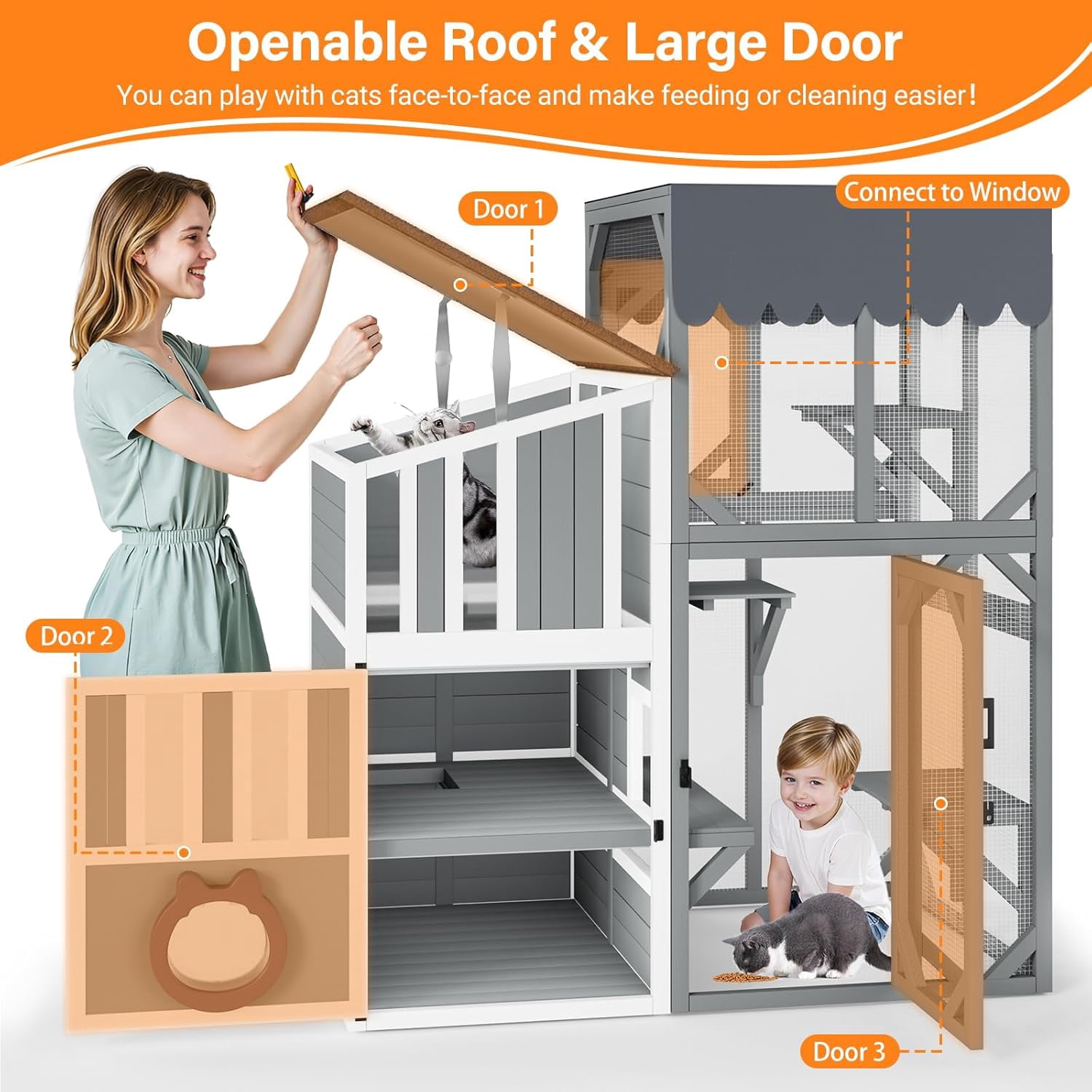 HomeSheek 3-Tier 69" H Outdoor Cat Enclosure, Weatherproof Roof, Window Access & Adjustable Two-Way Hole, Large Feral Shelter Indoor/Outdoor Use