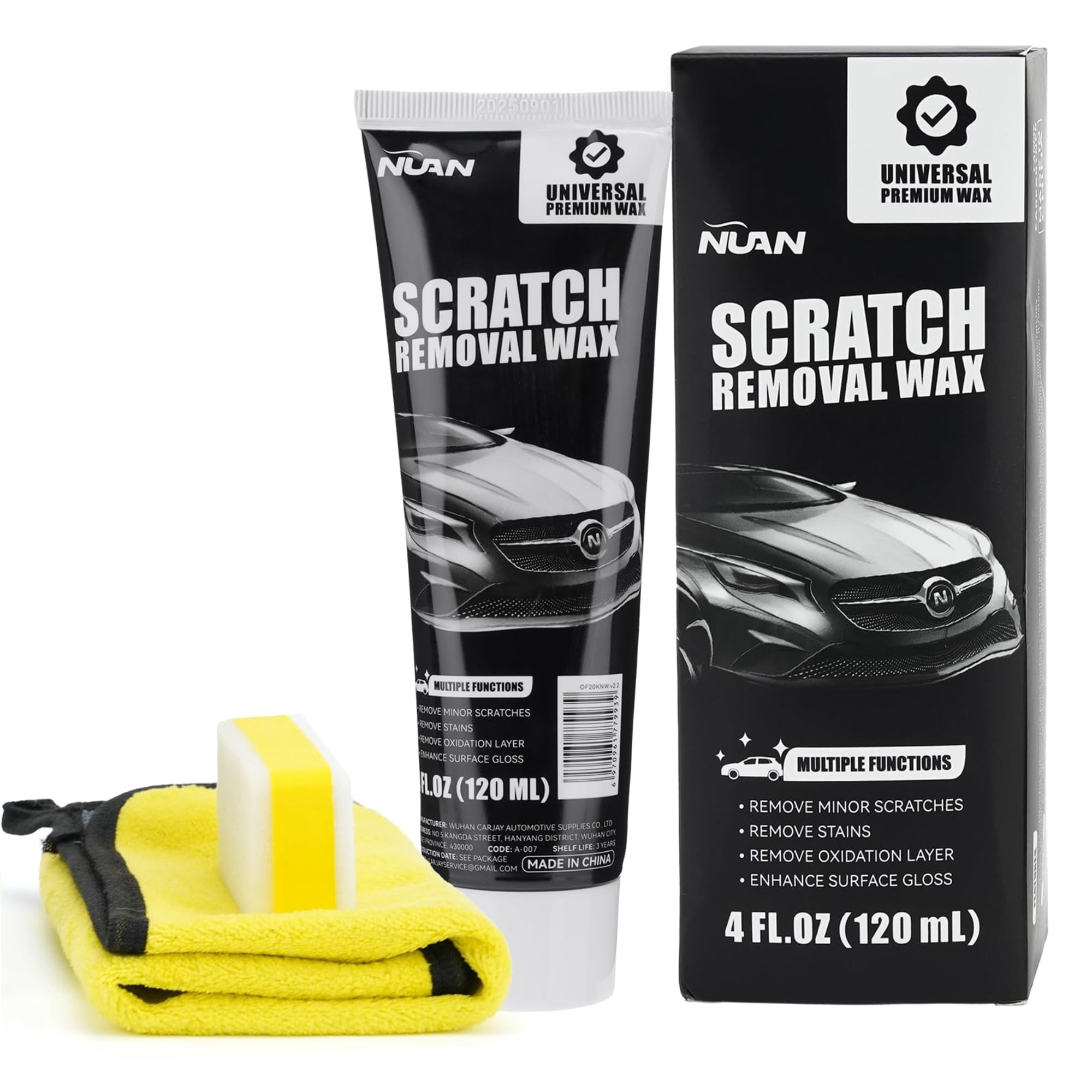 SZZD Car Scratch Remover Wax, Universal Premium Polishing Compound for Deep Scratches, Car Paint Scratch Repair, 4 fl oz (120 ML), with Sponge and Cloth, White