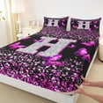 thumbnail image 3 of Feelyou Fashion Monogrammed H Queen Sheet Sets, Bling Butterfly Animal Flat Sheet, Black Pink Sequin Print Queen Fitted Sheet, Ultra Soft Bedroom Decor, 4-Piece, 3 of 7