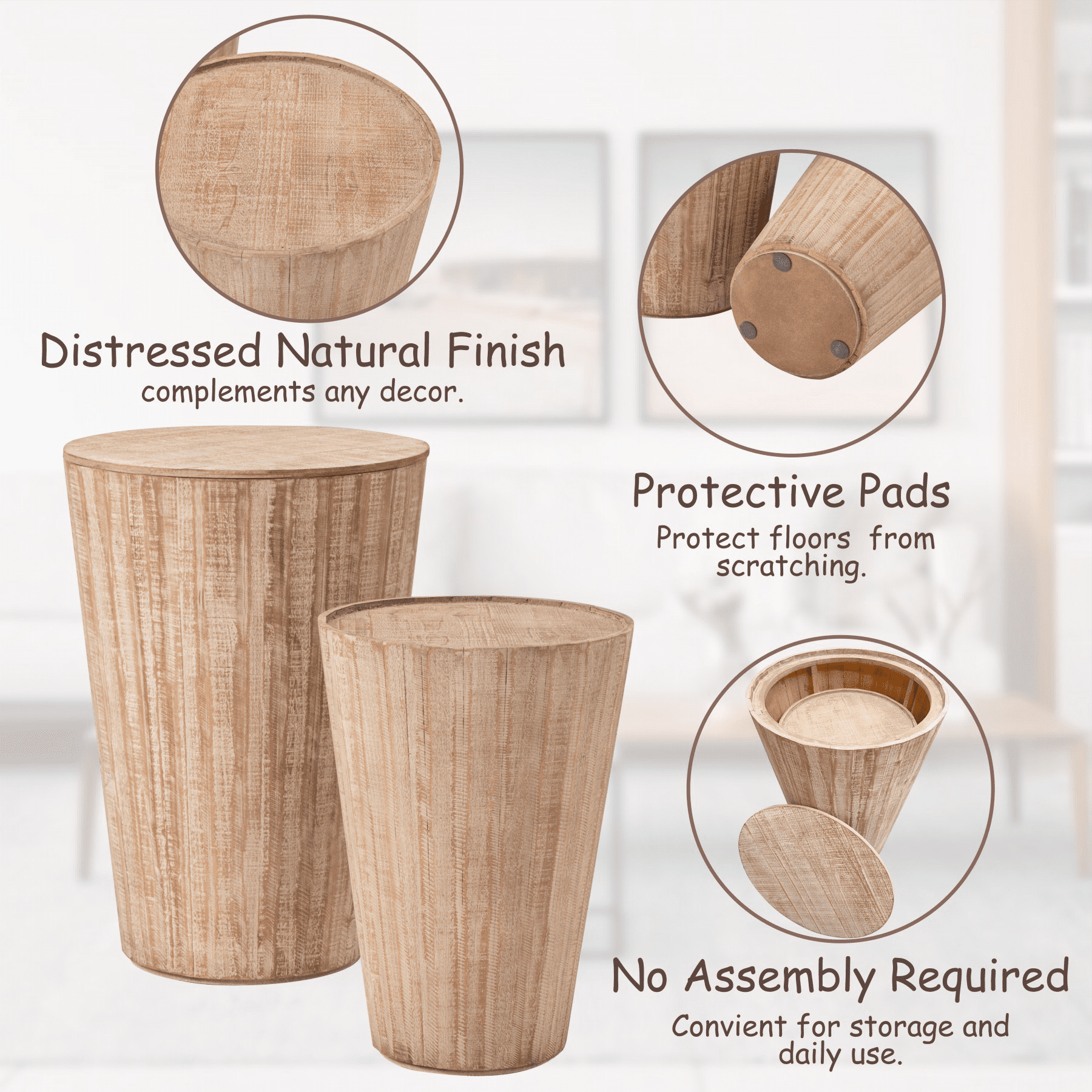 COZAYH Farmhouse Nesting Barrel Side Table, Rustic Space Saving Storage End Table Set with Removable Lid for Living Room, Bedroom, Dining Room, Natural Distressed Finish