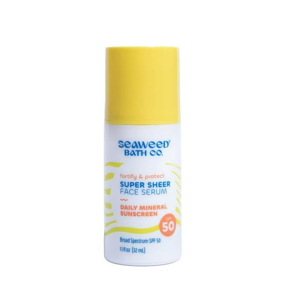 Seaweed Bath Co. Fortify & Protect Super Sheer Face Serum SPF 50 Protector solar facial de óxido de zinc de amplio espectro 1.1 onzas sin teñir Ceramidas de colágeno de algas marinas cosechadas de man