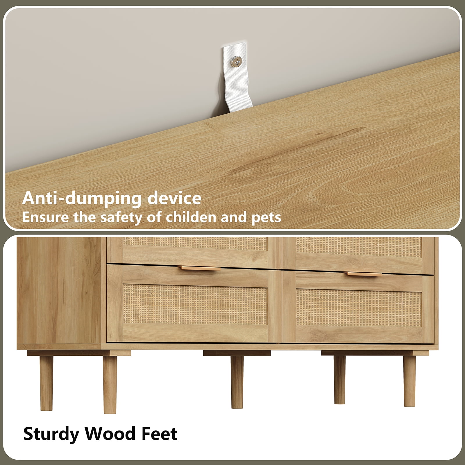 Furnihold Rattan Dresser for Bedroom Natural Wood Dresser 6 Drawer Dresser for Closet Beside Table for Bedroom, Living Room
