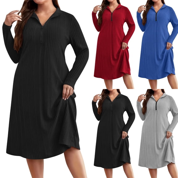 POIUYTR Plus Size Women Ribbed Knit Dress Summer Casual V Neck Half Zip Long Sleeve Dresses Loose Elegant Otufits