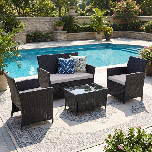 4-Piece Outdoor Wicker Sectional Sofa Set, All Weather Hand Woven Rattan Patio Furniture with Tempered Glass Coffee Table, Heavy Duty Fabric, Indoor Outdoor Patio Couch Set