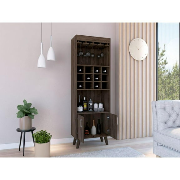 DEPOT E-SHOP Harvey Bar Cabinet, Twelve Wine Cubbbies, Two-Door Cabinet, Two Shelves- Dark Walnut, For Living Room