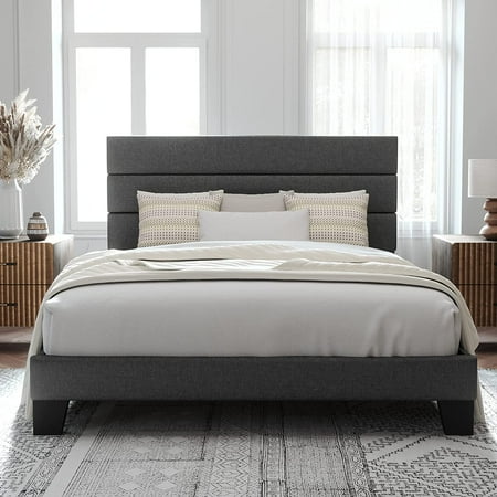 Allewie Full Size Platform Bed Frame with Fabric Upholstered Headboard  No Box Spring Needed  Dark Grey