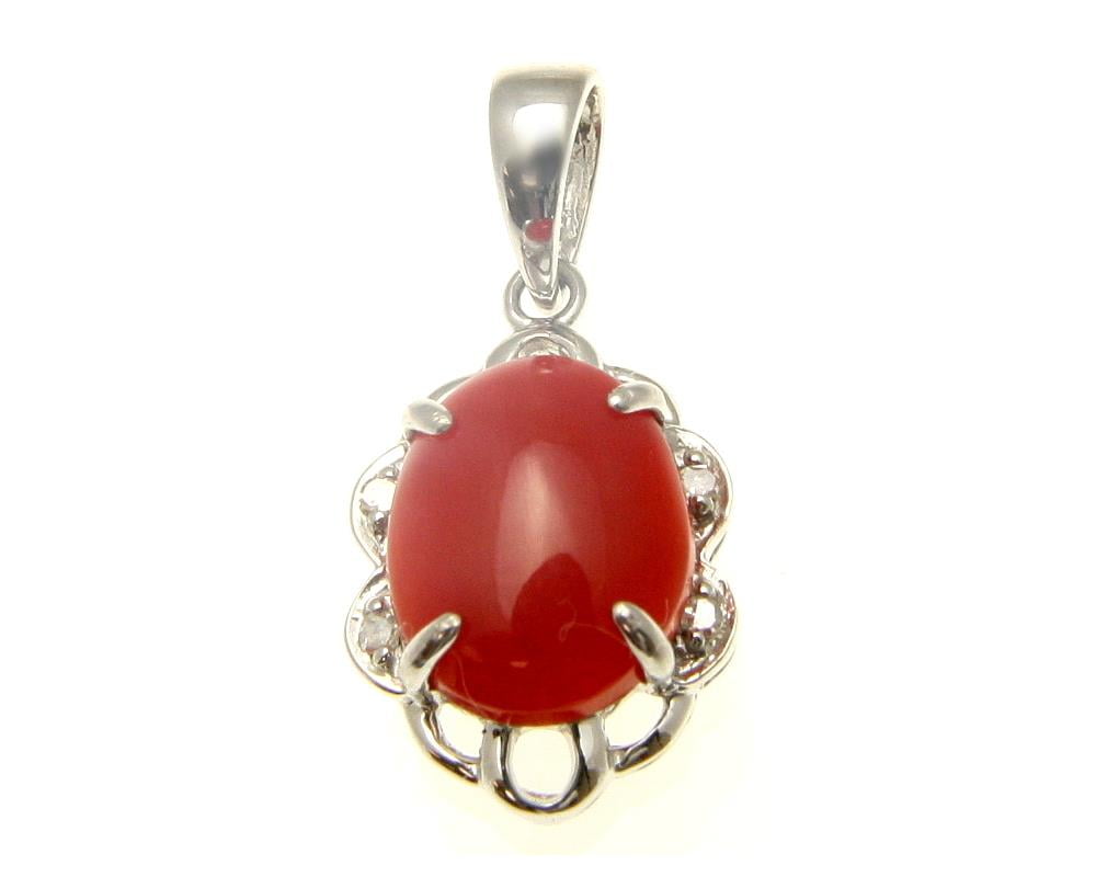 Geniune natural red coral diamond pendant set in solid 14k white gold 10.65mm by