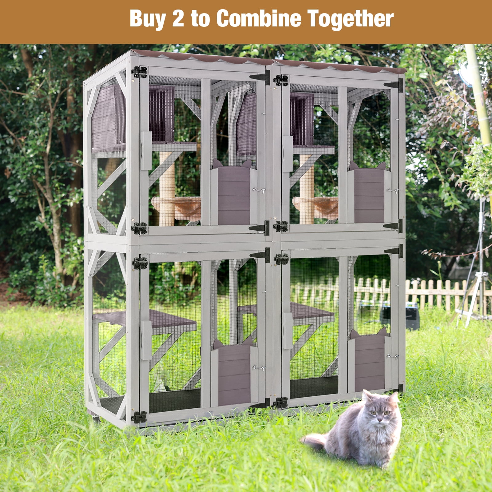 Aivituvin Catio Outdoor Cat Enclosure, 4 Tiers Outdoor Cat House with Wheels, Kitty Cages Indoor Large Window Catio -Waterproof Roof