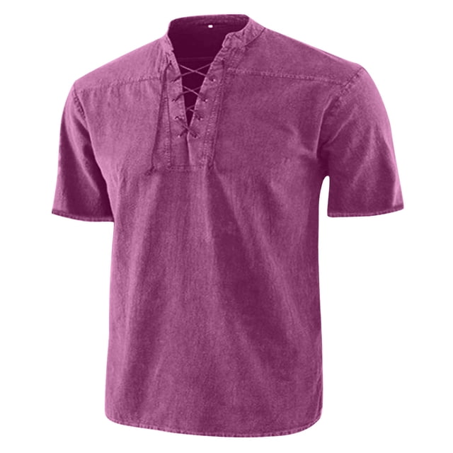Ceisia Men's Regular Straight Short Sleeve Henley Top Lace-Up V-Neck Vintage Texture Spring Summer Shirt Gift