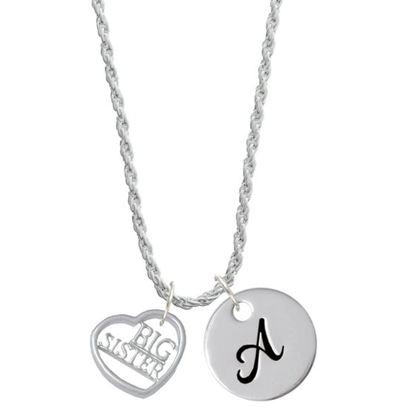 Delight Jewelry Silvertone Big Sister in Open Heart - 5/8'' Silvertone Script Initial Disc - A - Charm Necklace, 20" 3"