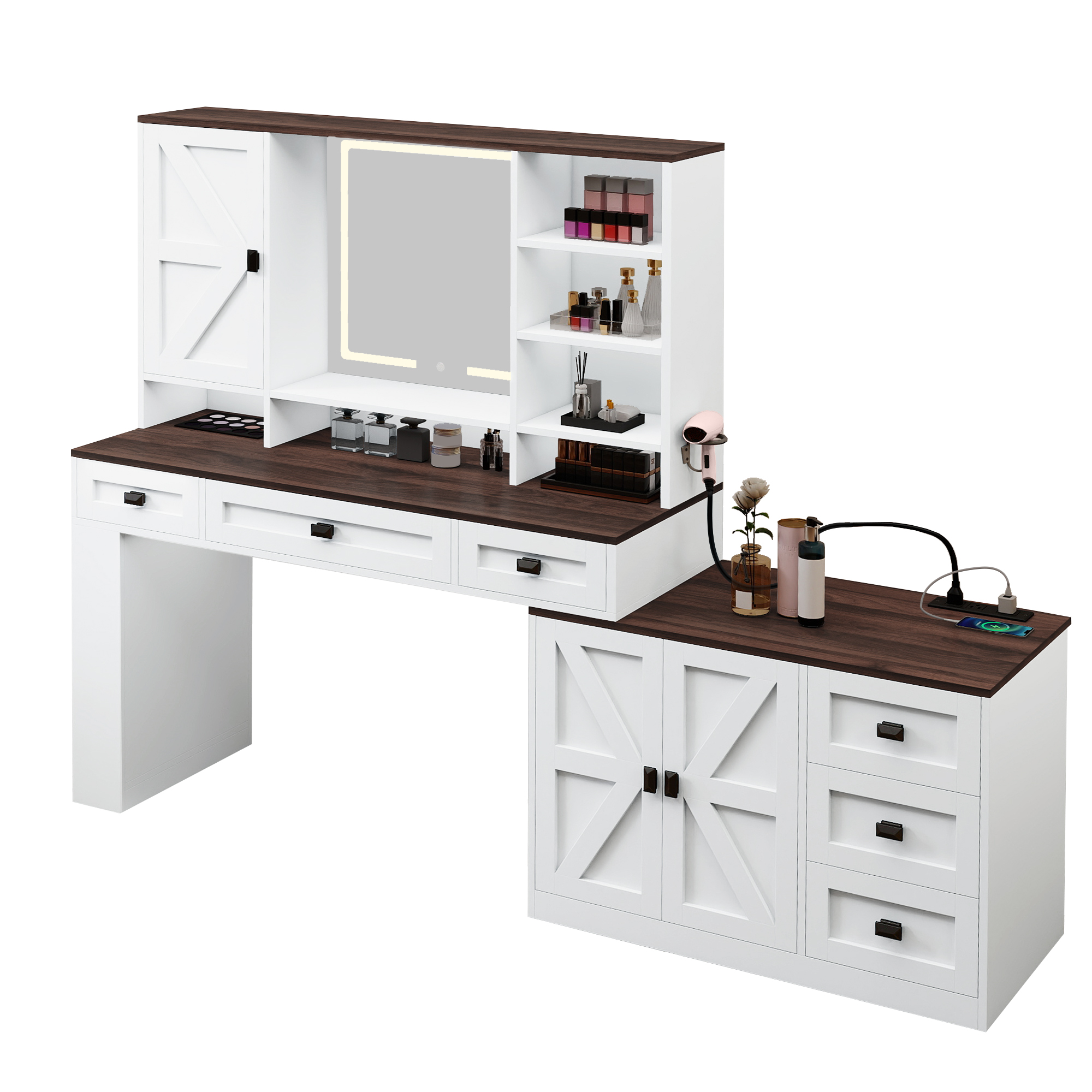 Uforic 360° Rotation Large White Makeup Vanity Desk with LED Mirror, Farmhouse Dressing Table with 6 Drawers Storage - Bedroom Furniture