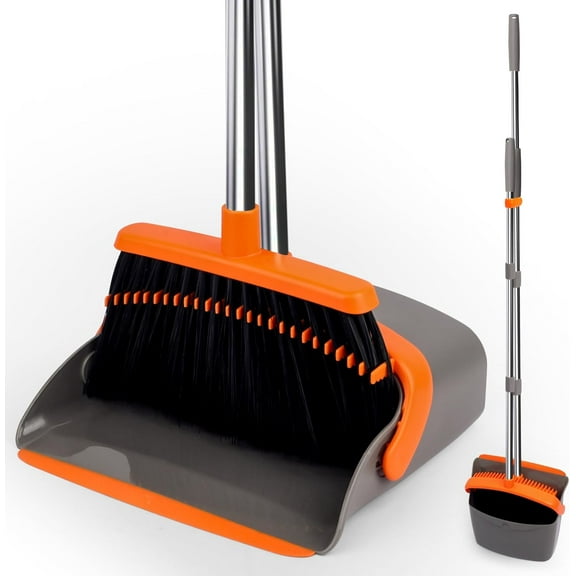 HYKE Broom and Dustpan Set, Ofce & Household & en & Indoor Broom with Dustpan Combo Set, New Imved Version, No to Bend Over for Cleaning (Timeless Colors：Grey & Orange)