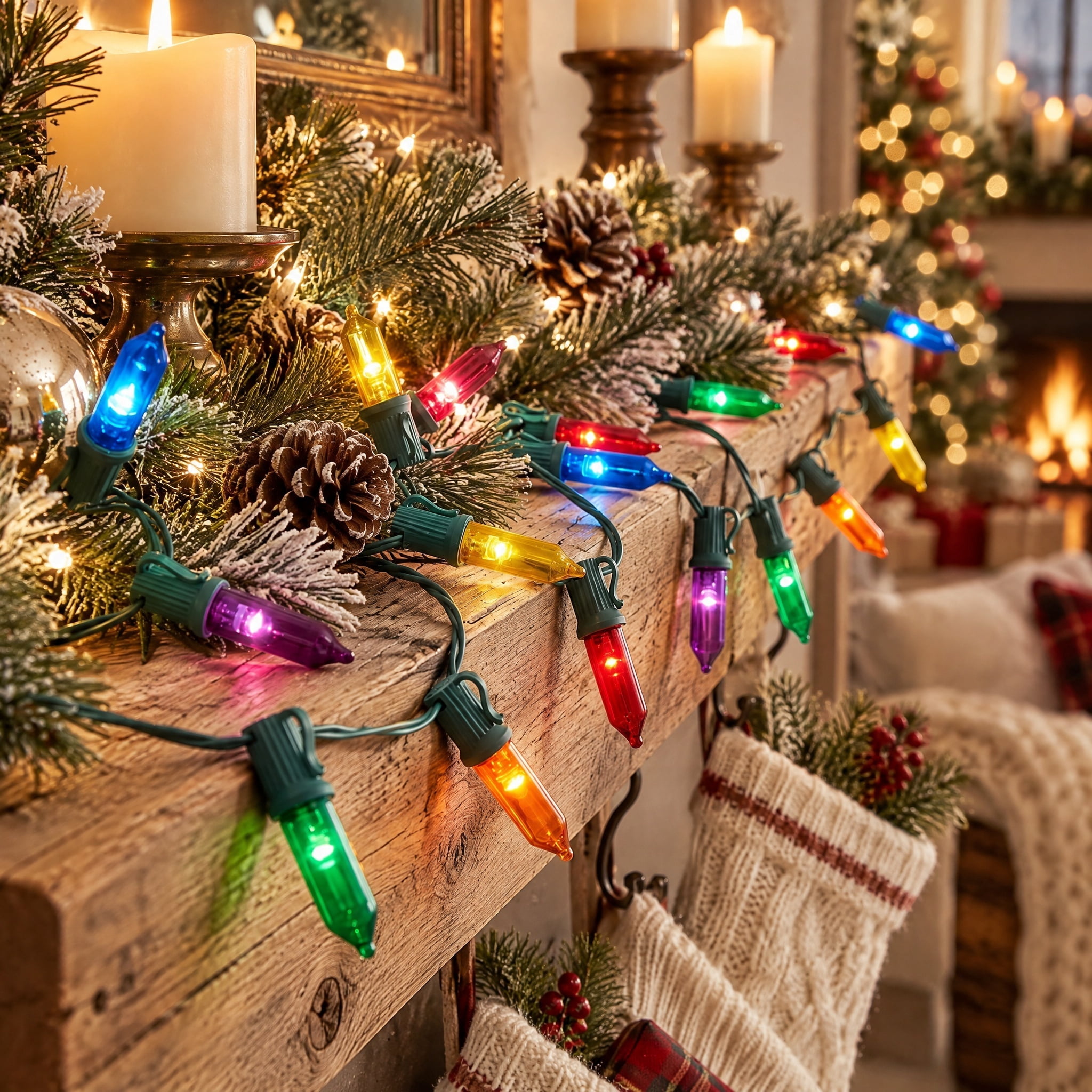 Indoor/Outdoor 100-Count LED Glass Mini Christmas String Lights, Multicolor, Green Wire, 19.5', by Holiday Time