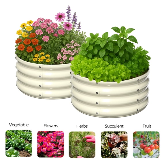 2Pcs Raised Garden Bed, Round Galvanized Outdoor Planter Box, Metal Garden Bed for Planting Vegetables Fruits Flowers, White, 2x2x1ft