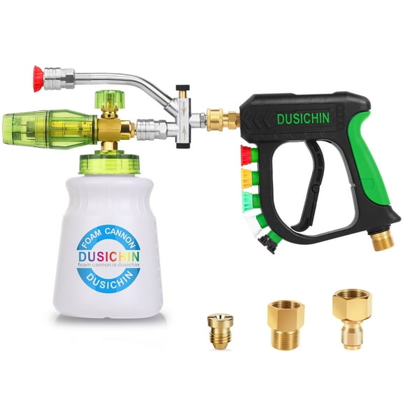 DUSICHIN Short Pressure Washer Gun with Foam Cannon,Dual Connector Accessory, Car Wash Foam Cannon Kit 1/4 Inch Quick Connector, 5 Pressure Washer Nozzle Tips,Double Tip End For Soap Cannon DUS2703
