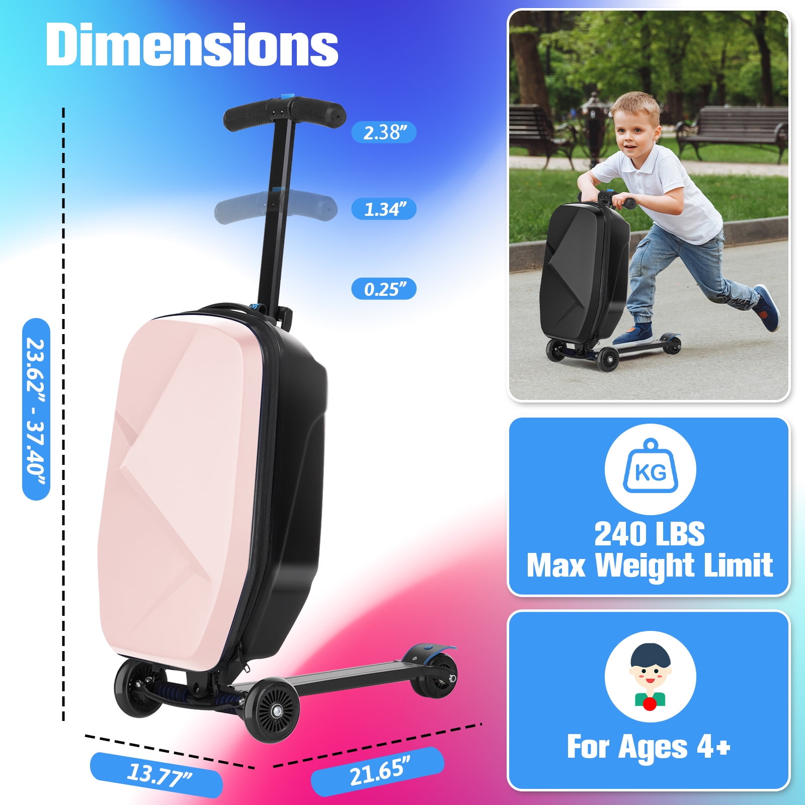 Advwin Scooter Luggage for Kids & Adults, Hardside Ride on Suitcase for Kids Ages 4-15 Multifunctional Lightweight Foldable Carry on Luggage with Wheels Ride on for Children Teenagers, Pink