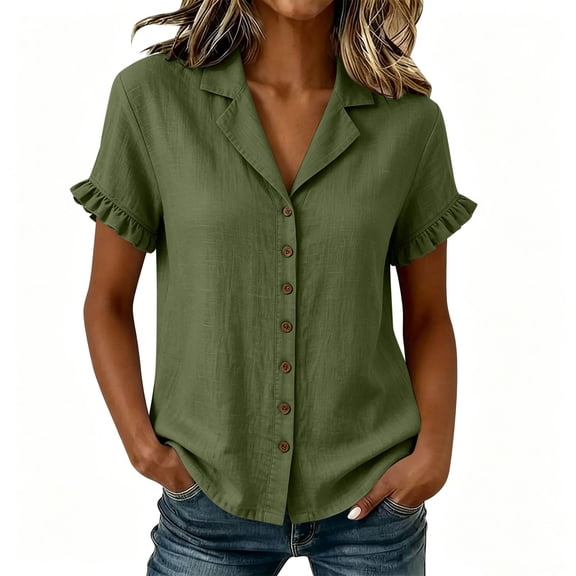 SAFUNY Women's Button Down Shirt Button Closure Collared Neck Short Sleeve Summer Style For All Day Wear Army Green L