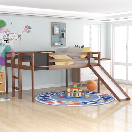 ikayaa Full size Loft Bed Wood Bed with Slide  Stair and Chalkboard Walnut