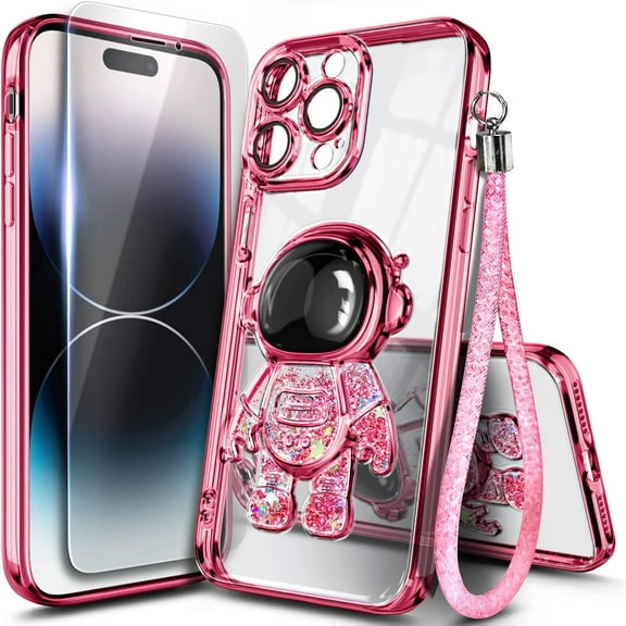 Nagebee Phone Case Compatible for iPhone 11 Pro Max (6.5 inch) with Tempered Glass Screen Protector, [Wrist Strap] Liquid Floating Glitter Cute Case (Astronaut Rose Gold)