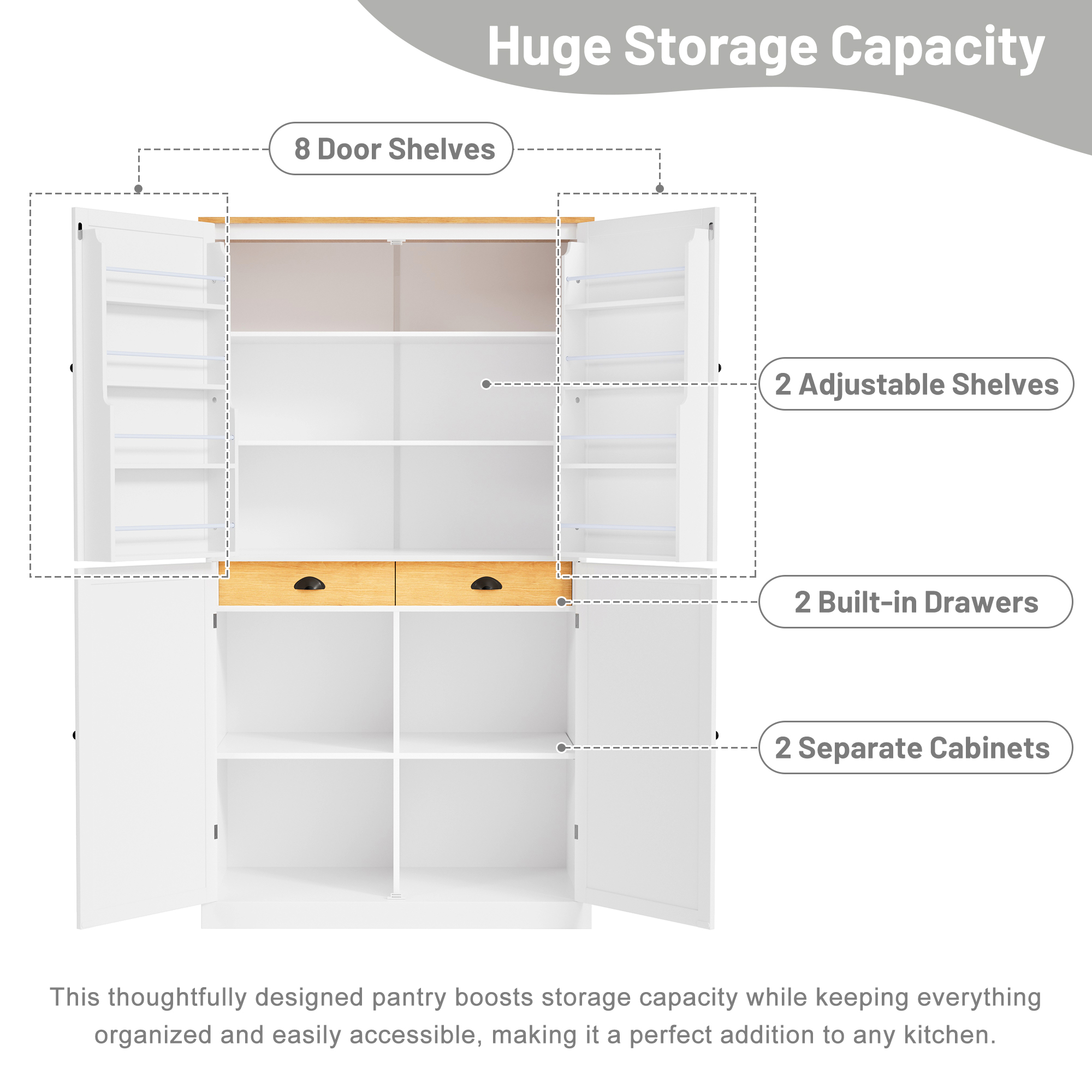 Harper & Bright Designs Farmhouse Kitchen Pantry Door Shelves, Freestanding Tall Cupboard Storage Cabinet with 3 Adjustable Shelves and 3 Drawers for Dining Room Kitchen, Gray