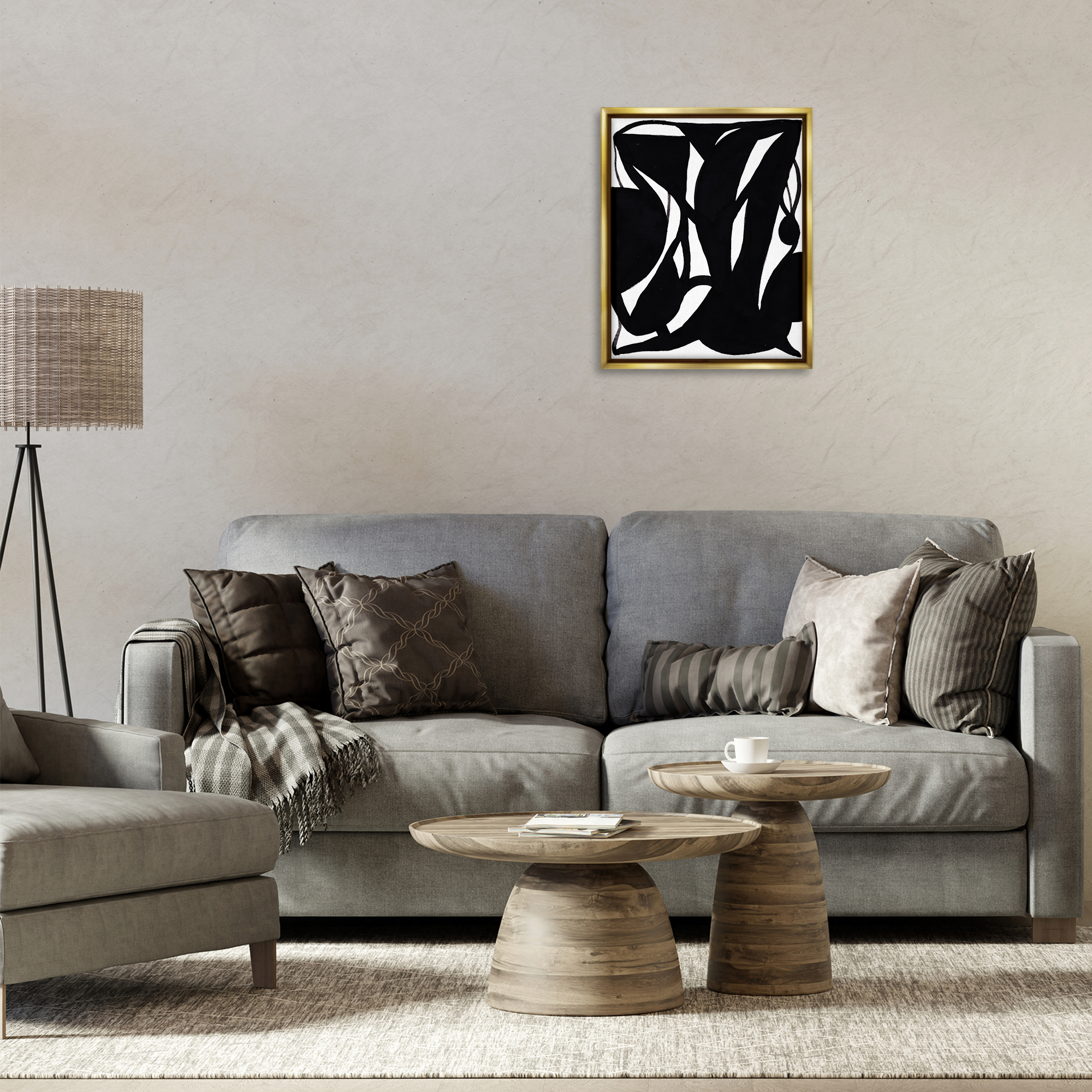 Stupell Industries Black Swirled Ink Abstract Painting Gold Floater Framed Canvas Art Print Wall Art, 17 x 21