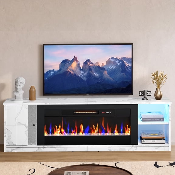 Pinmoco 70" Fireplace TV Stand for TVs up to 80 Inch with 36" Electric Fireplace, LED Entertainment Center & Shelves, TV Media Console Table for Living Room, Bedroom, White Marble