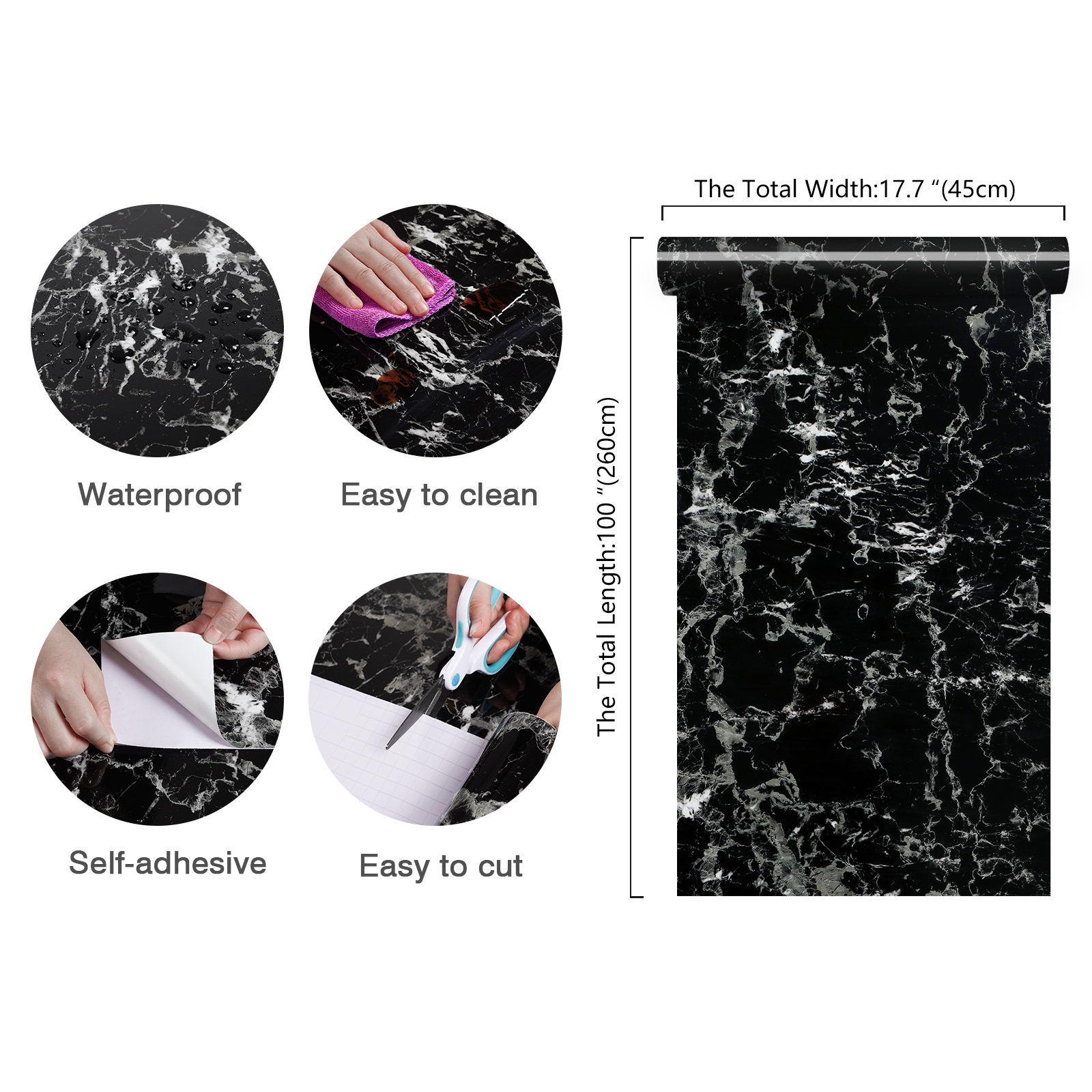 CHIHUT 17.7"x100" Black Marble Contact Paper for Countertops Waterproof Marble Wallpaper Peel and Stick Countertops for Kitchen Self Adhesive Removable Marble Vinyl Film for Bathroom Counter Top Walls