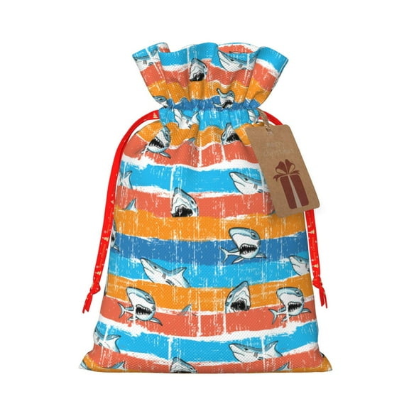 Fuzoiu Shark On Line Print Christmas Gift Bag,Burlap Gift Bag with Drawstring Closure & Hang Tag,Perfect for Holidays, Birthdays, and Special Occasions-Small