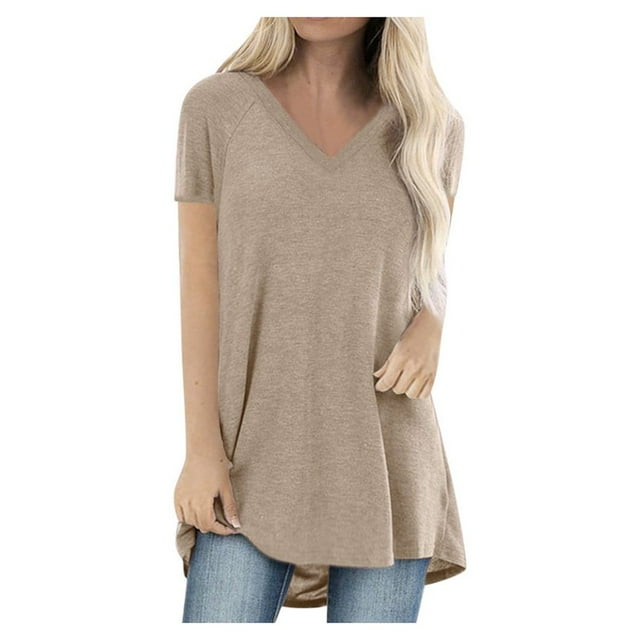 Staron Womens Summer Tunic Tops V Neck Short Sleeve Tops Plus Size Solid Color Basic Loose Shirts Dressy Causal Blouses