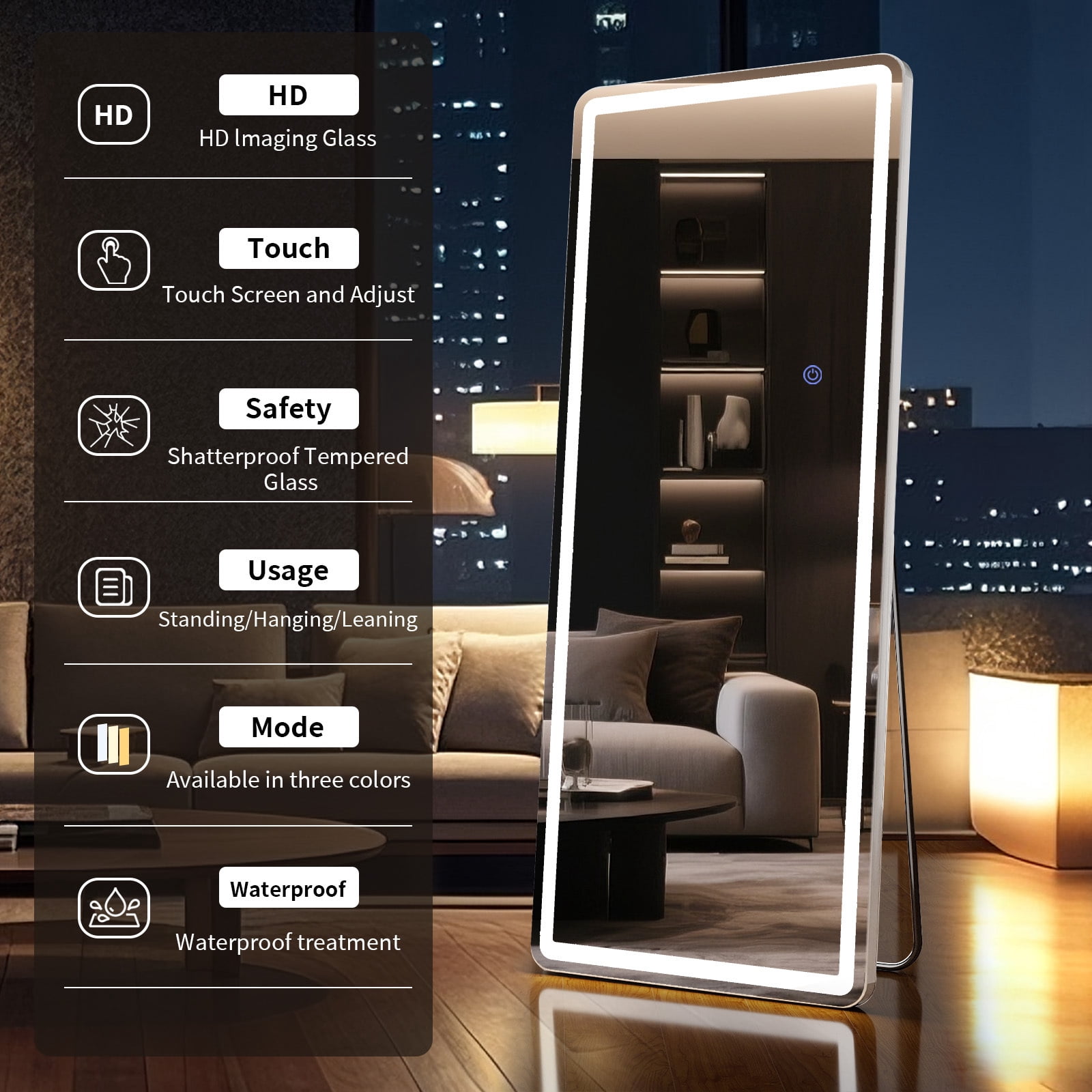 SHATTERVIEW 60"x16" Full Length Mirror with Lights LED Floor Mirror