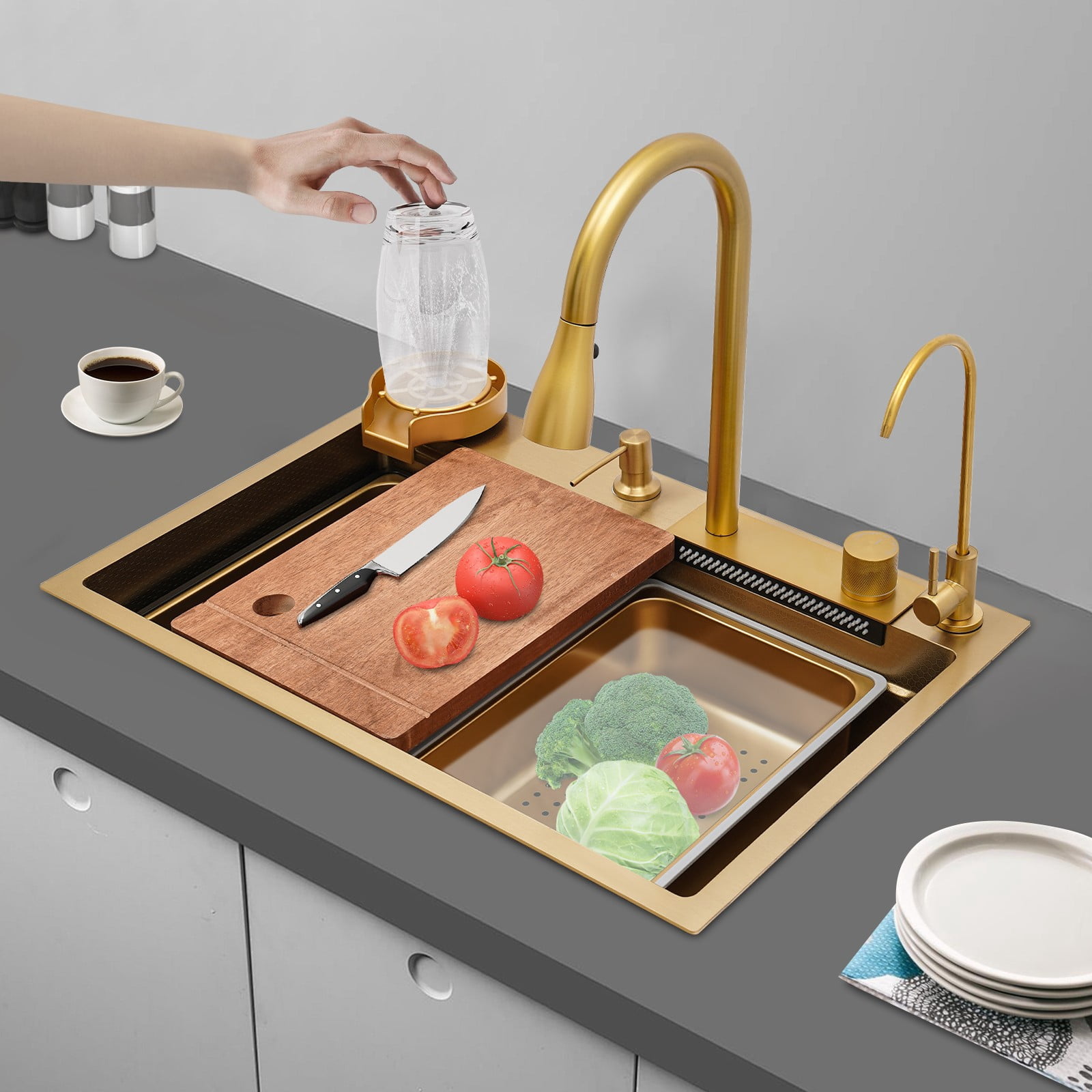 Kitchen Sink, Sink, 68cm Gold Utility Sink, 201 Stainless Steel, Brushed Finish, Elegant, Fast Drainage in Corner, Large Deep Bowl, Nested Basket for Rinse Thaw, Rustproof, Impact Durable