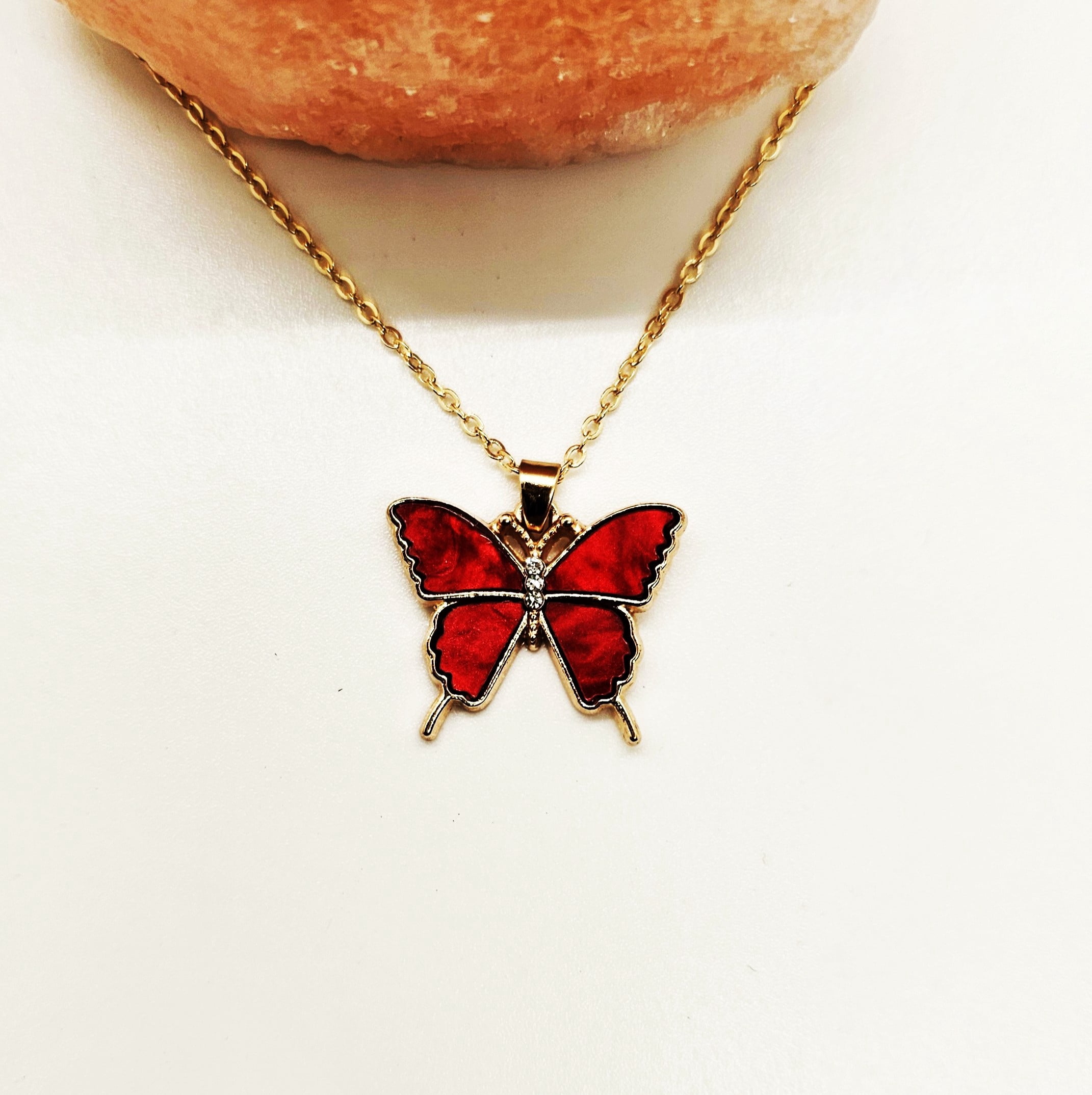Omodo Red Enamel Butterfly Pedant, Necklace, Gold Tone