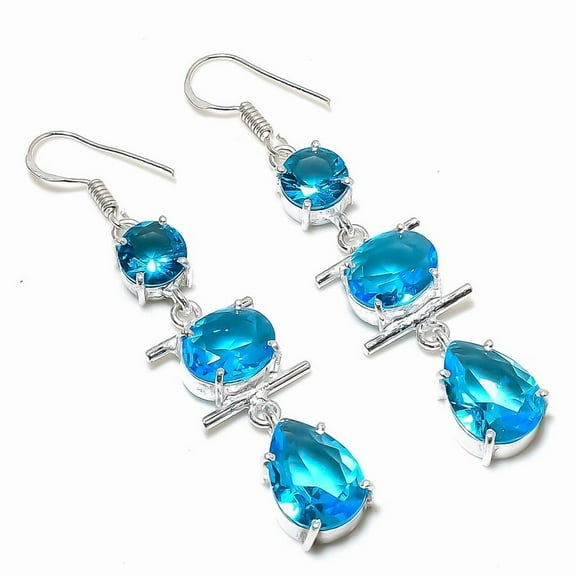 London Blue Topaz Gemstone Earrings Handmade Unique Gift Solitaire Jewelry 2.50"