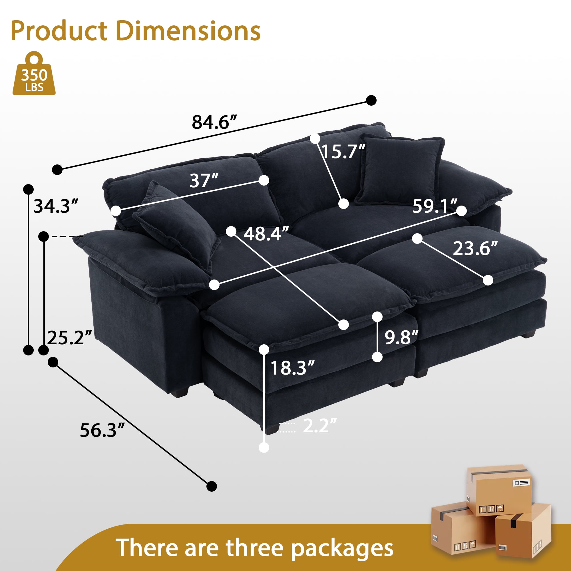 AQUOSseoce／VelvetBlack ZX Design 84.6'' Oversized Velvet Loveseat Couch, Modern