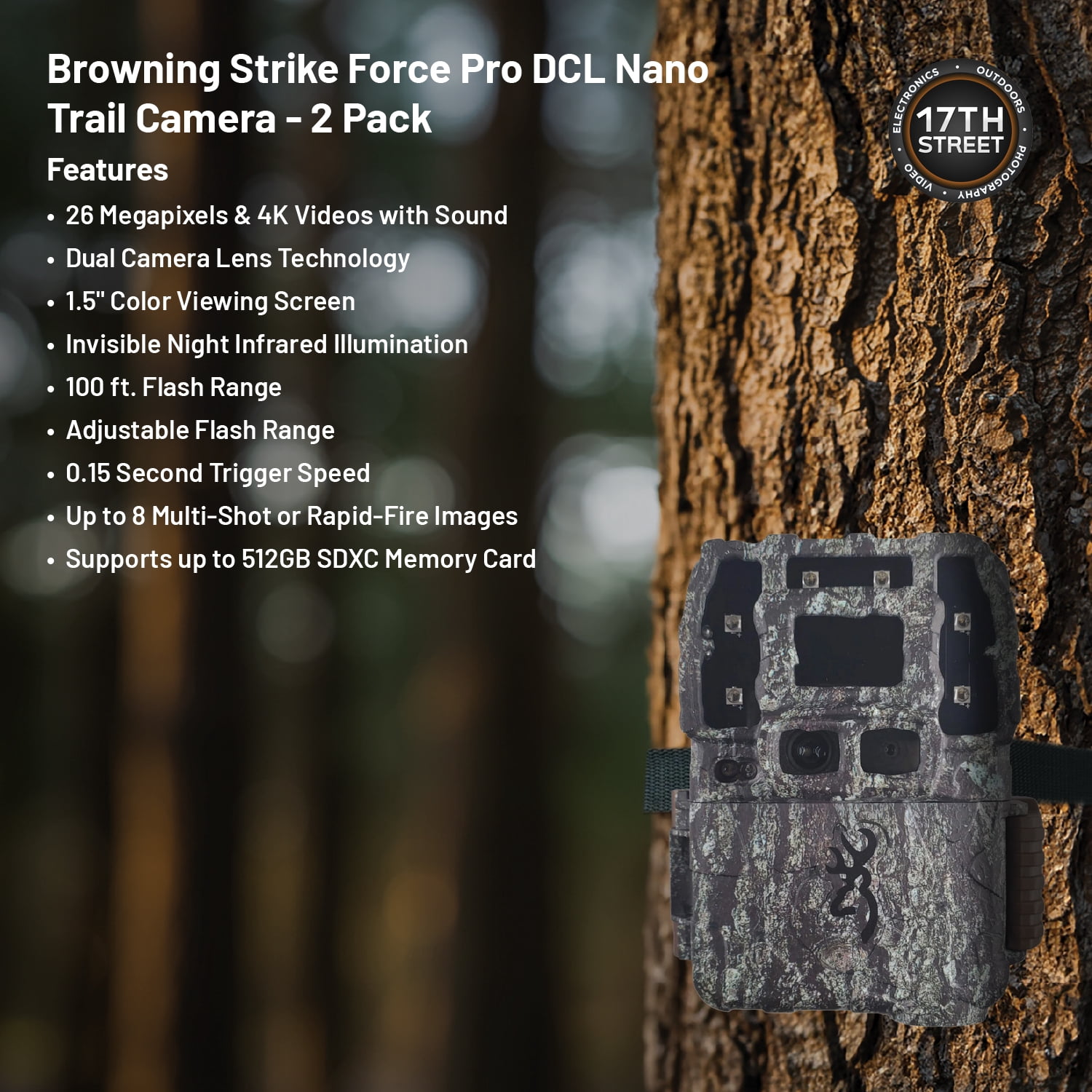 Browning Trail Cameras Strike Force Pro DCL Nano - 26MP 4K Dual Lens Technology Camera with USB 2.0 SD Card Reader, 64GB Ultra SDXC UHS I Memory Card & Cleaning Cloth - Pack of 2 Bundle Kit