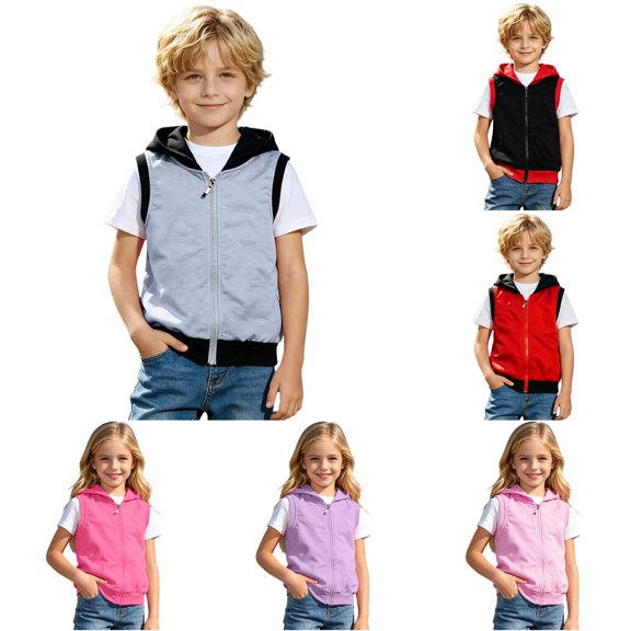 Ulitacool Boys Coats Fall Zip Up Vest Outerwear Solid Color Sleeveless Casual Jacket Big Boys Elegant Wear Grey