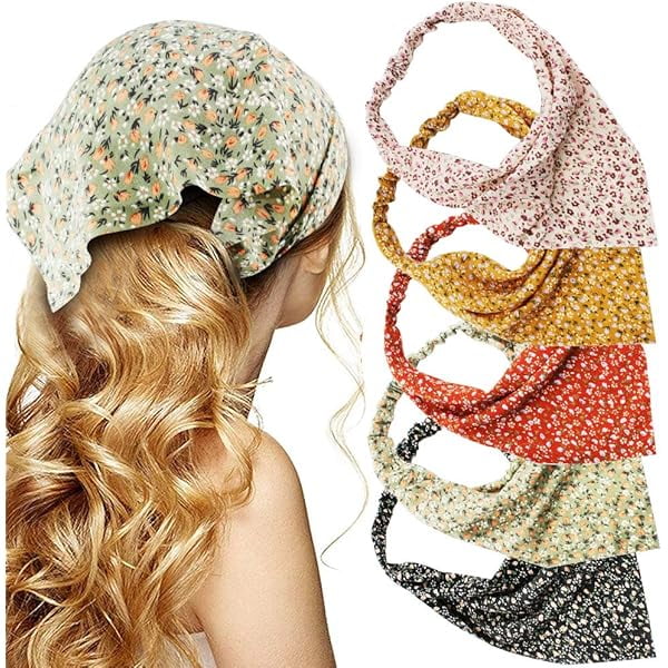 wonima11 Floral Hair Scarf Headband 5 Pcs Hair Bandanas Chiffon Boho Headbands for Women Elastic Head Bandana for Women Girls Hair Accessories