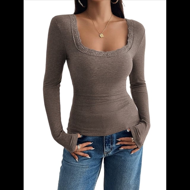 Camisas de Larga para Mujer, Cuello Cuadrado, Tops Cortos de Punto Acanalado, Conjuntos de Otoño, Ropa de Moda Color Café XXL