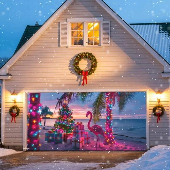 Christmas Abstract Garage Door Banner Covers, Flamingo Xmas Tree Gifts Pink Beach Large Hanging Indoor/Outdoor Backdrop Background for Christmas Winter Party Decor, 6.9x16 FT