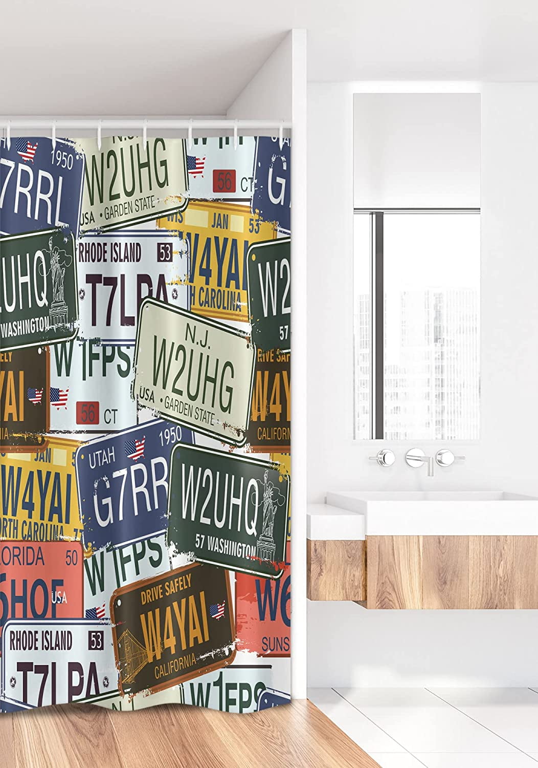 Vintage Stall Shower Curtain, Original Retro Style License Plates Personalized Creative Travel Vacation, Fabric Bathroom Decor Set with Hooks, 36" W x 72" L, Green Blue Yellow