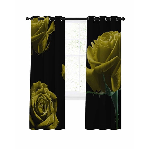 Yellow Rose Blackout Curtains, Light Blocking Print Window Curtains, Vintage Abstract Garden Flower Floral Black Thermal Insulated Window Drapes for Living Room 2 Panels, 104"W x 72"L
