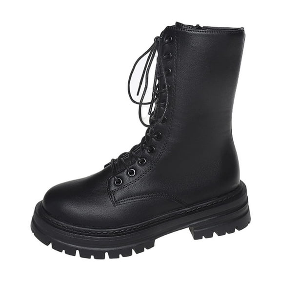 Black Ladies Mid-Calf Boots With Lace-Up And Side Zipper Thick Sole Block Heel For Comfortable Wear