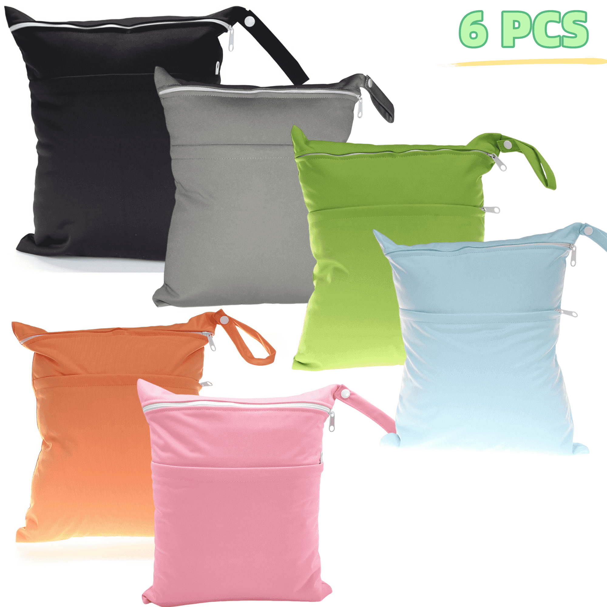 EUZODNAK 6 Pack Waterproof Reusable Wet Dry Bag with Two Zipper Pockets for Baby Diapers, Swimwear, Wet Clothes, Travel Beach Gym Use