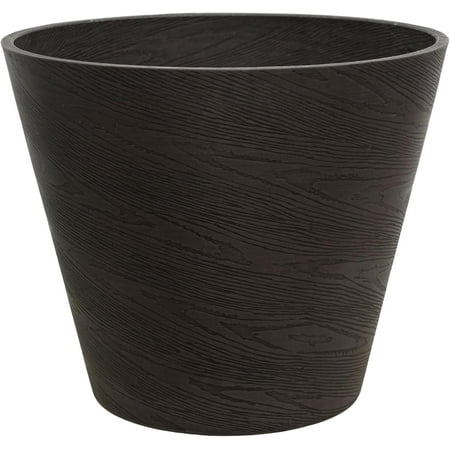 GreenShip 14 inch Large Cylinder Planter for Indoor Outdoor, Woodgrain Relief Decorative Chocolate Plant Pots with Drainage Hole, No-Tray