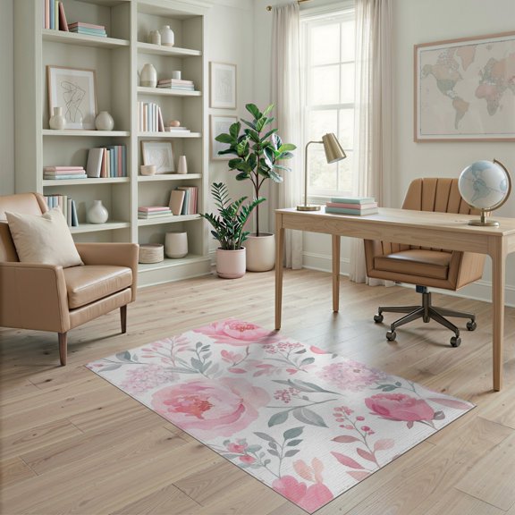 ODIKA 4'x6' Pink Gray Floral Watercolor Elegance Washable Area Rug Charming Botanical Print with Soft Petals for Bedroom, Reading Nook, Pet Friendly & Non-Shedding