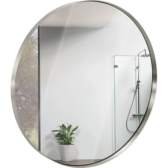 Contemporary Brushed Metal Black Wall Mirror | Glass Panel Black Framed Rounded Circle