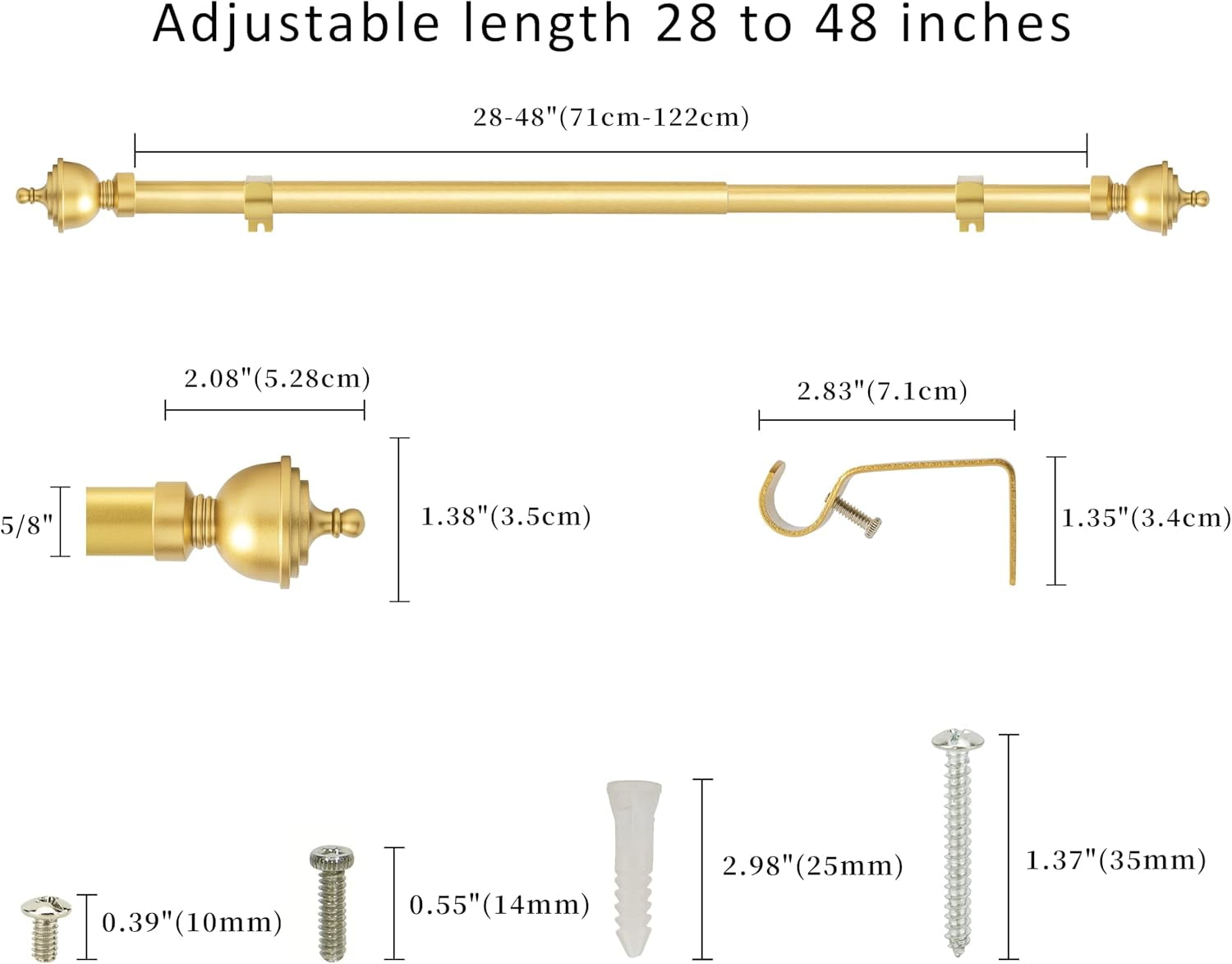 eTeckram 5/8" Single Curtain Rod with Royale Finials,Gold,28‘’-48‘’
