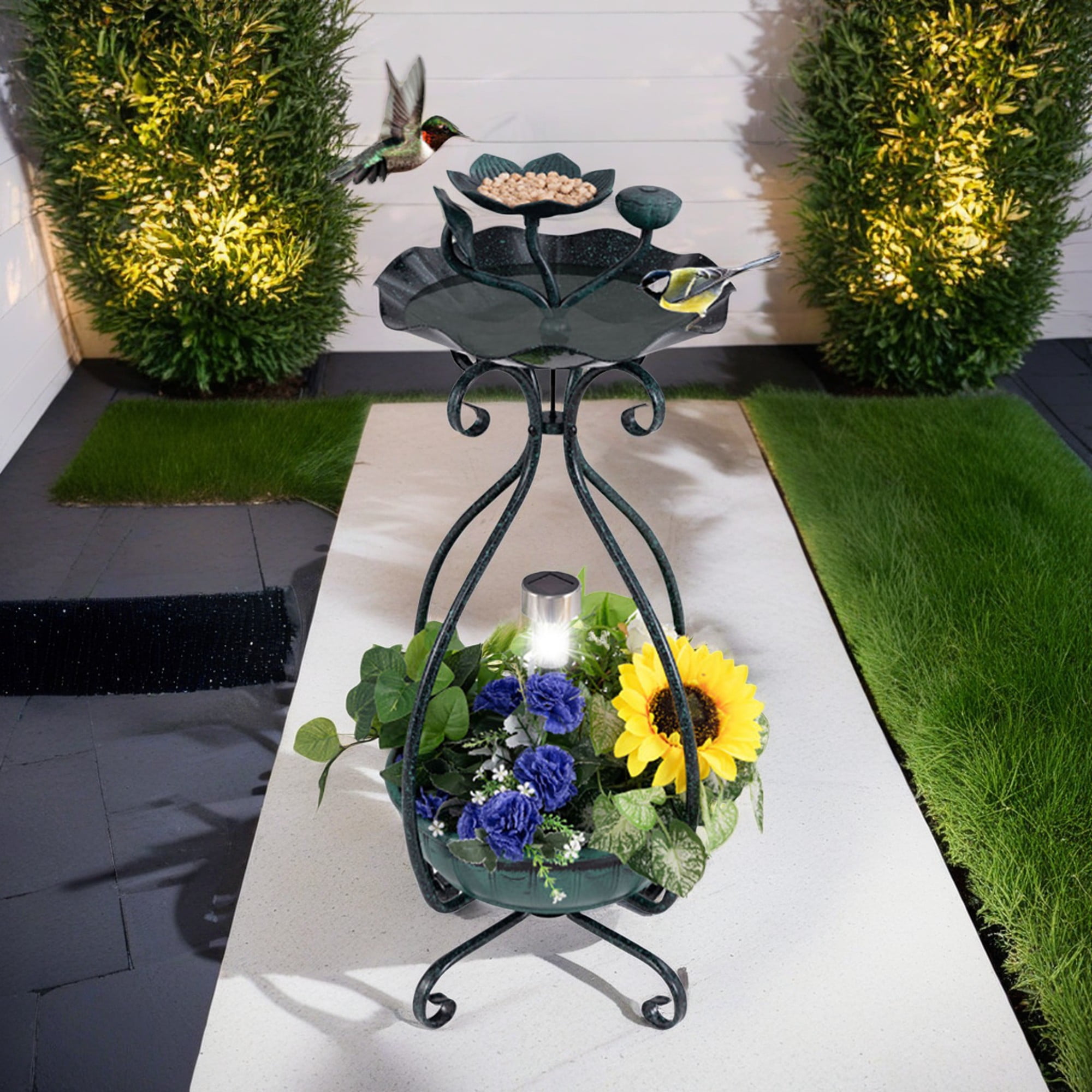 Pefilos 31" Outdoor Pedestal Garden Bird Bath with Solar Light, Bird Feeder and Flower Planter, Standing Lotus Leaf Bowl Birdbath, Green Pefilos 31" Outdoor Pedestal Garden Bird Bath with Solar Light, Bird Feeder and Flower Planter, Standing Lotus Leaf Bowl Birdbath, Green