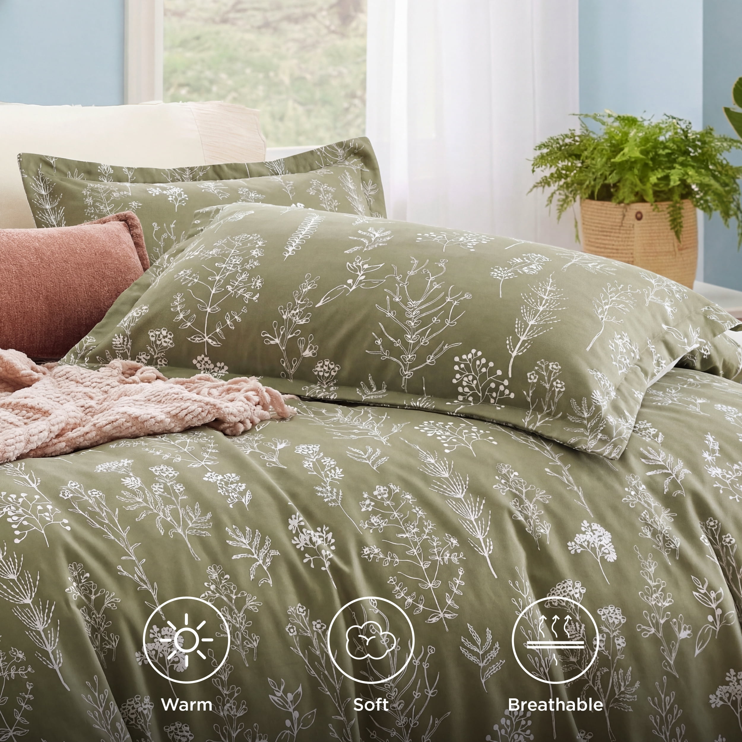 U by Bedsure 3 Pieces Olive Green Floral Comforter Sets, 1 Soft Reversible Botanical Flowers Comforter and 2 Pillow Shams, Queen Size