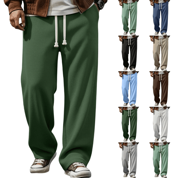 Baggy Sweatpants Men Drawstring Elastic Waist Comfy Waffle Pants Fall Casual Wide Leg Sweatpants Loose Fit Trousers Army Green 2XL